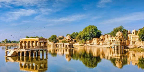 Sandstone pavilions reflected in Gadisar Lake, Jaisalmer