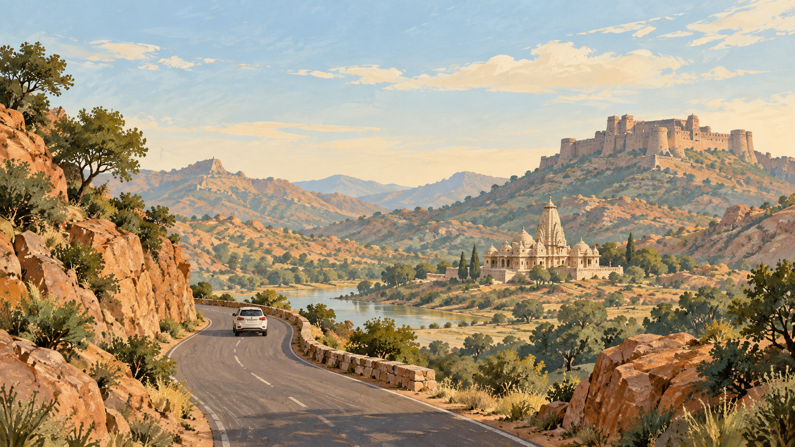 Original editorial illustration of an imagined Rajasthan road landscape and heritage architecture, not a route map