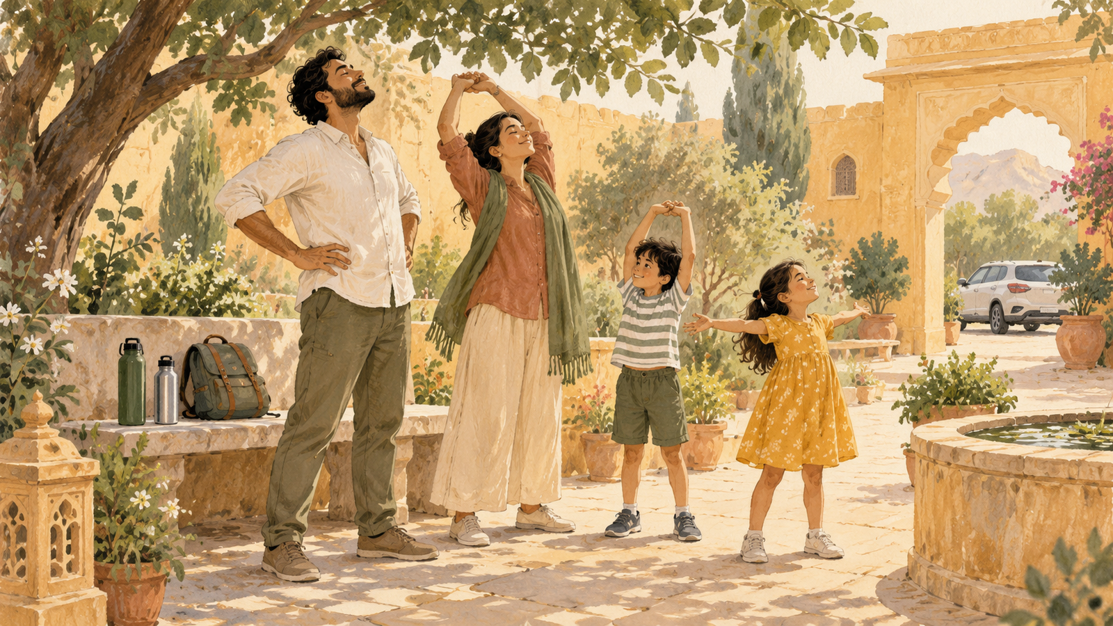 Painted illustration of a family stretching in a shaded courtyard during a road-trip break