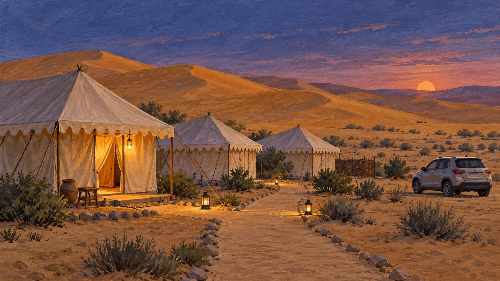 Illustration of canvas tents beside a sandy path, ochre dunes and a parked car at dusk.