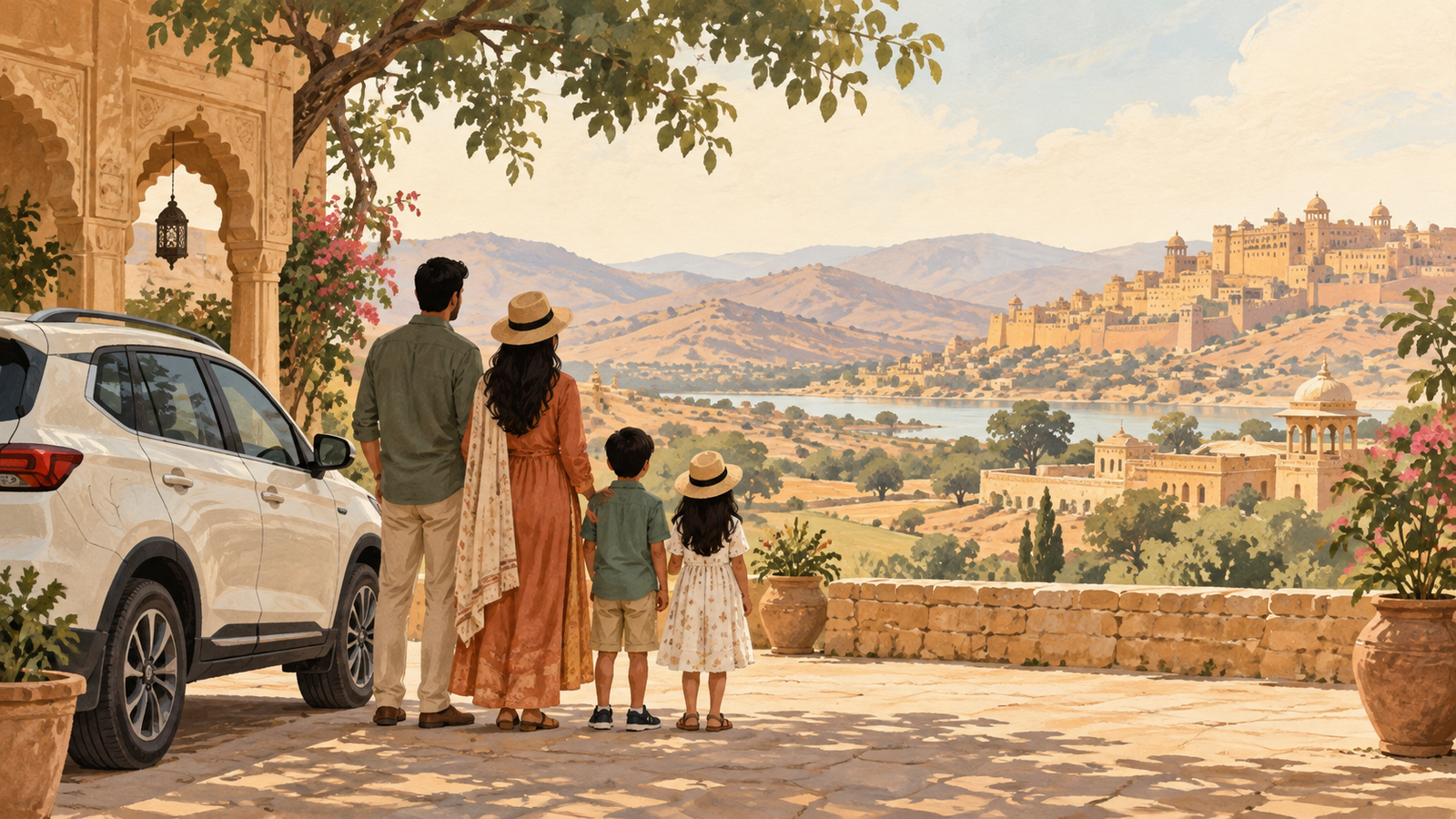 Original painted illustration of a family beside a parked car overlooking an imagined Rajasthan-inspired landscape
