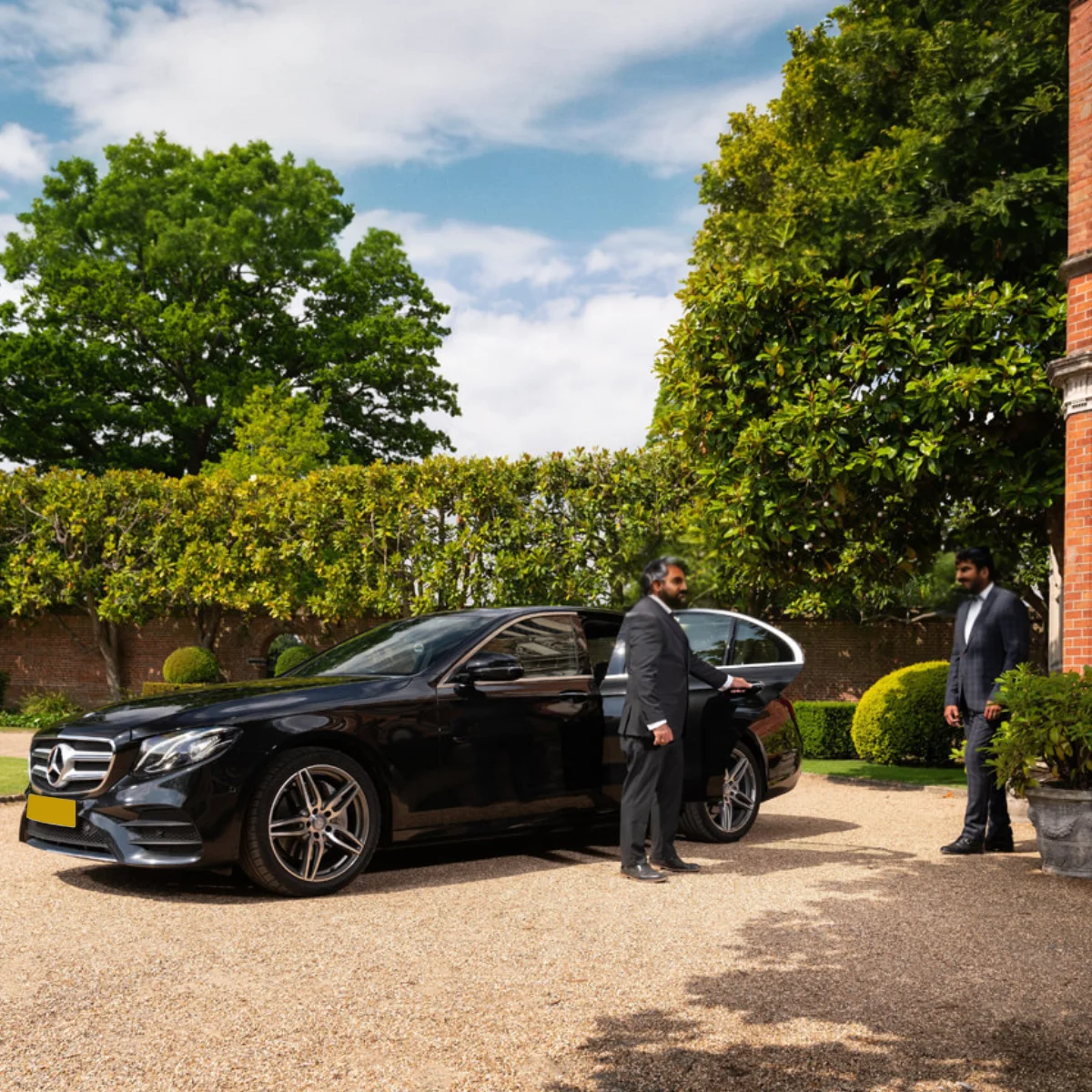 Black Mercedes-Benz sedan with two men beside the rear passenger door