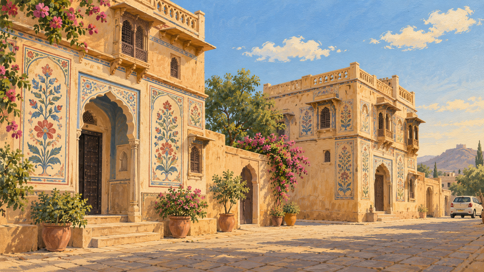 Editorial illustration of an imagined ochre haveli street with floral wall paintings and a small car.