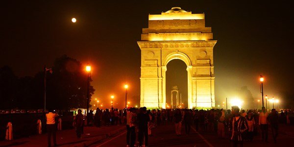 India Gate illuminated at night in New Delhi