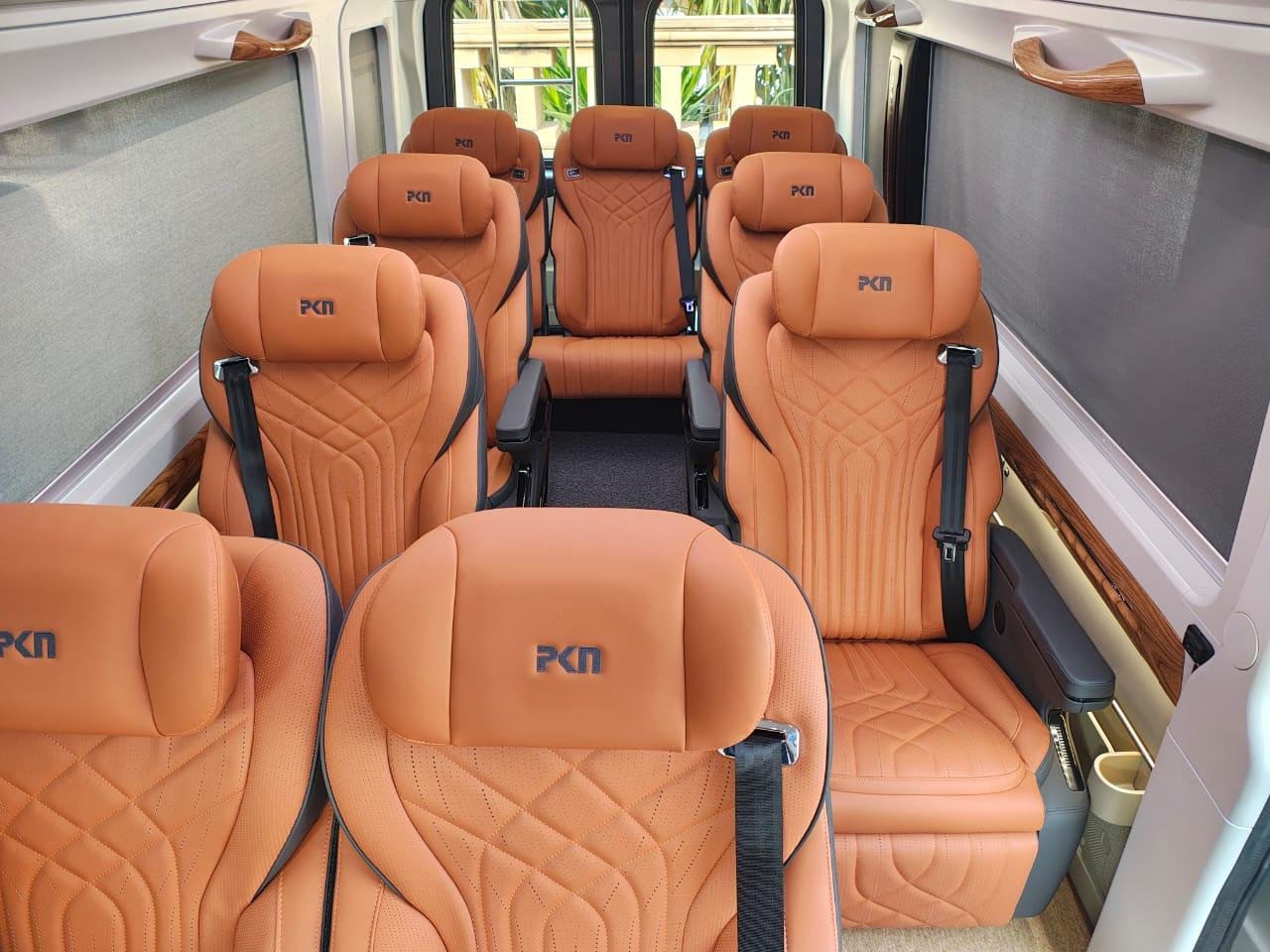 Tan passenger seats and the central aisle
