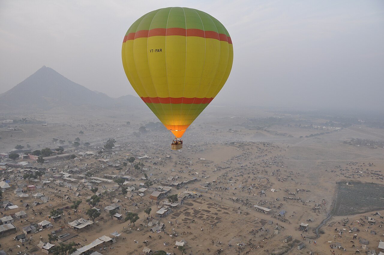 Hot air balloon over sacred Pushkar lake and desert