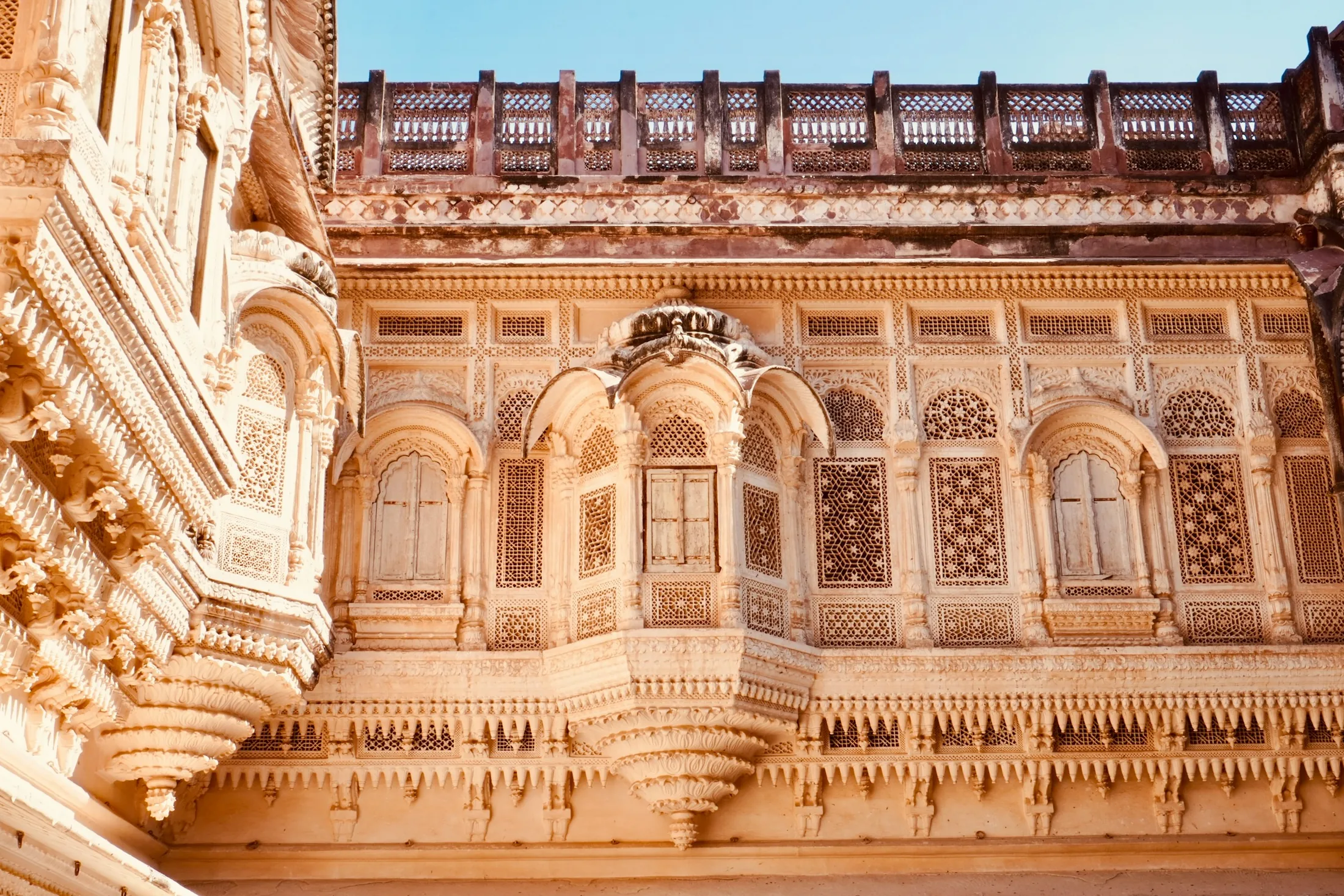 Ornate architecture inside Mehrangarh Fort