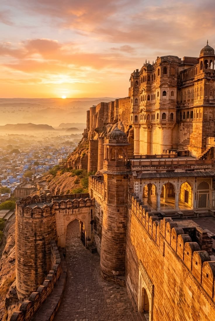 Amber Fort lit by warm sunrise over Jaipur