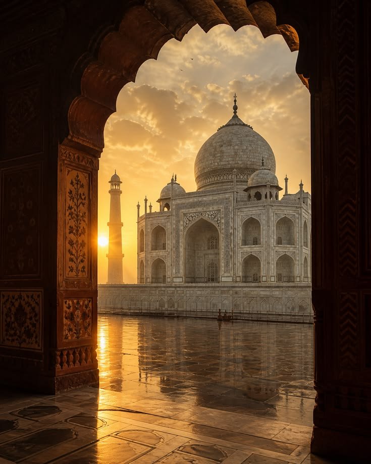 The Taj Mahal glowing through an arch at sunset
