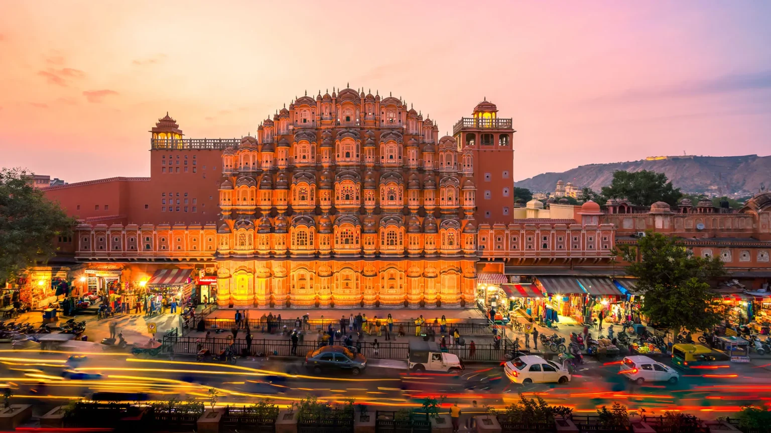 The illuminated facade of Hawa Mahal in Jaipur